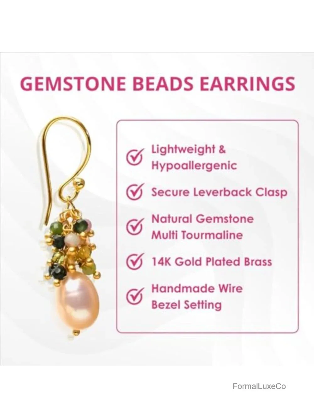 Handmade Gemstone Bead Dangle Earrings Gold Plated Hypoallergenic